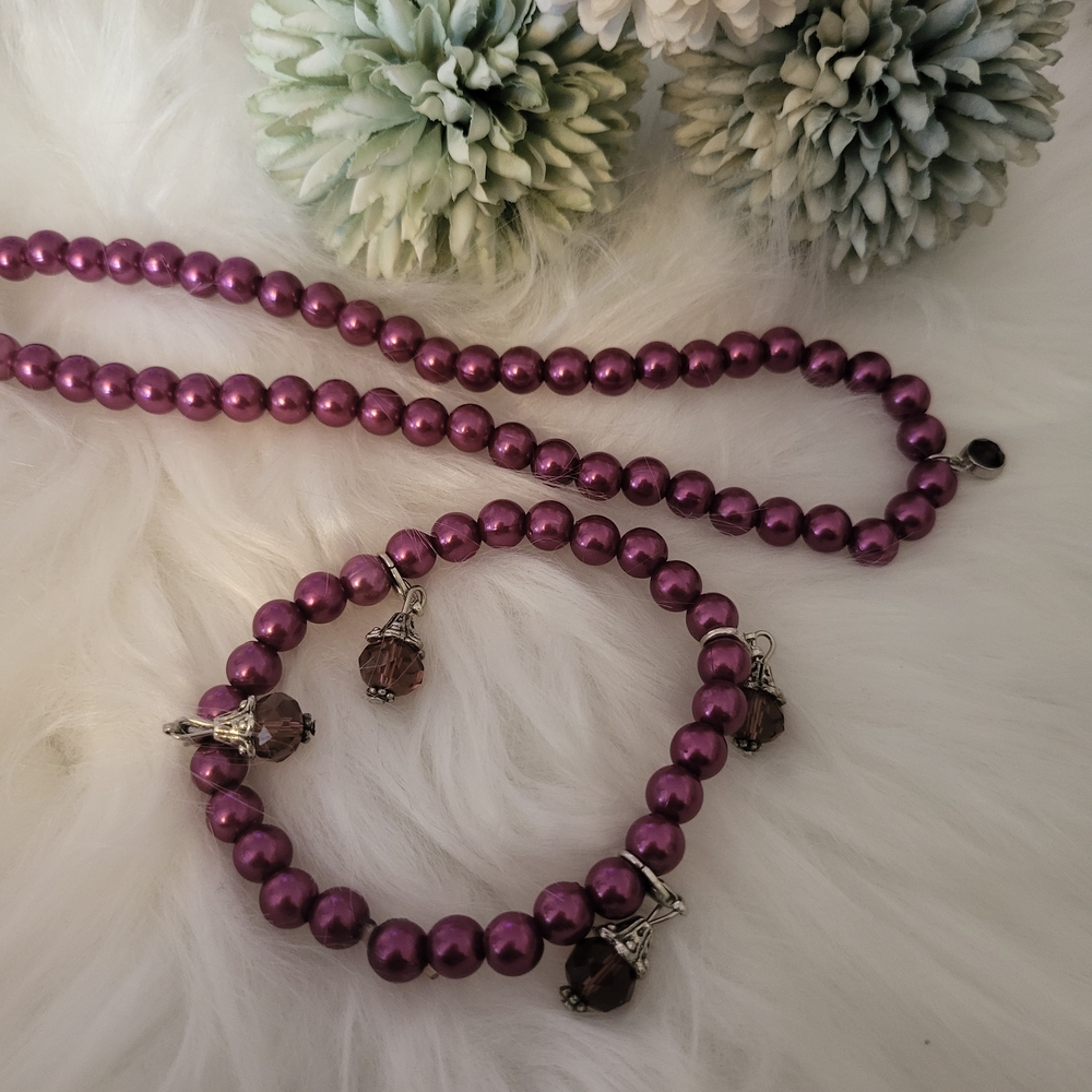 NWT Purple Pearl Beaded Necklace & Matching Charm Bracelet Jewelry Set Sz